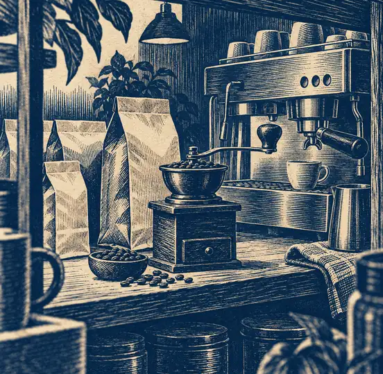 Illustration of cafés equipment and workspace